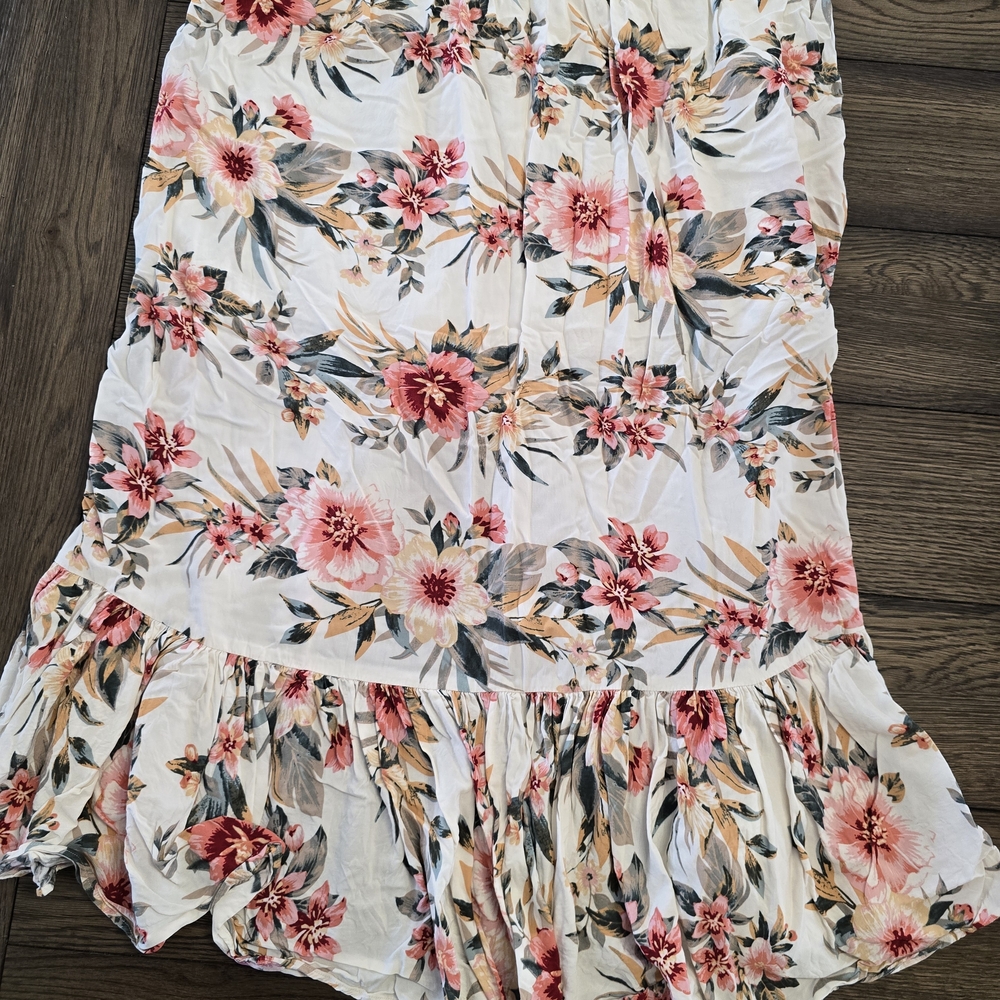 Dex White Maxi Skirt with Pink Floral Ruffle Hem